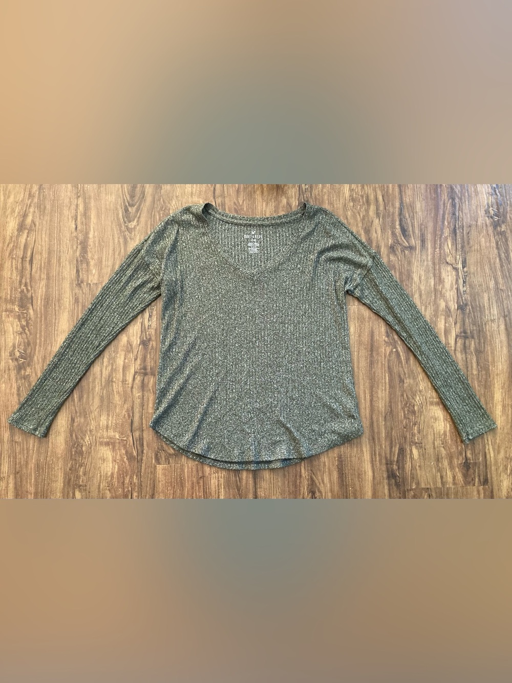 American Eagle Outfitters Metallic Olive Ribbed V-Neck Long Sleeve Top